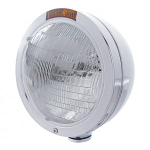 Stainless Steel Peterbilt "Bullet" 6014 Sealed Beam Headlight W/ 4 Amber Led Signal Light - Amber Lens