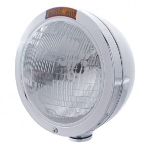 Stainless Steel Peterbilt "Bullet" H6024 Halogen Headlight W/ 4 Amber Led Signal Light - Amber Lens