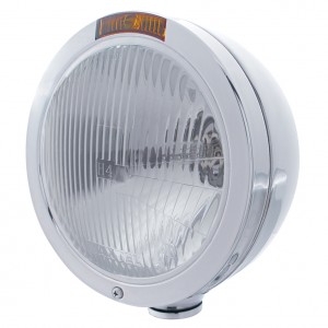 Stainless Steel Peterbilt "Bullet" H4 Halogen Headlight W/ 4 Amber Led Signal Light - Amber Lens