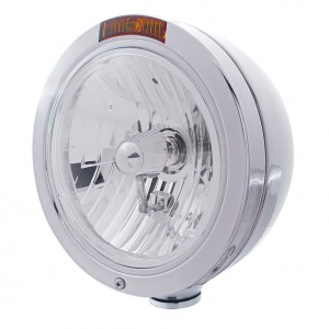 Stainless Steel Peterbilt "Bullet" Crystal H4 Halogen Headlight W/ 4 Amber Led Signal Light - Amber Lens