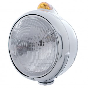 Stainless Steel "Guide" Peterbilt H6024 Halogen Headlight W/ 5 Amber Led Top Mount Light - Amber Lens