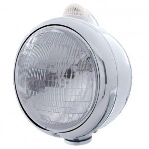 Stainless Steel "Guide" Peterbilt H6024 Halogen Headlight W/ 5 Amber Led Top Mount Light - Clear Lens