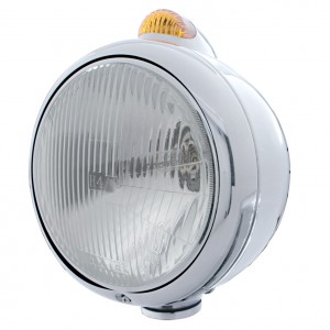 Stainless Steel "Guide" Peterbilt H4 Halogen Headlight W/ 5 Amber Led Top Mount Light - Amber Lens