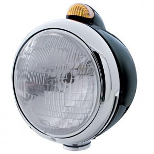 Black "Guide" Peterbilt H6024 Halogen Headlight W/ 5 Amber Led Top Mount Light - Amber Lens