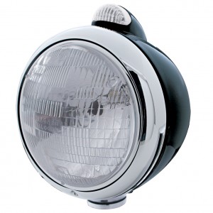Black "Guide" Peterbilt H6024 Halogen Headlight W/ 5 Amber Led Top Mount Light - Clear Lens