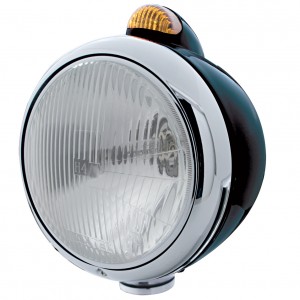 Black "Guide" Peterbilt H4 Halogen Headlight W/ 5 Amber Led Top Mount Light - Amber Lens