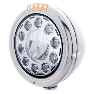 Stainless Steel "Classic" Peterbilt 11 High Power Led Crystal Headlight W/ 4 Amb Led Dual Function Signal Light - Clear Lens