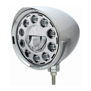 Chrome Aluminum 7" Billet Style "Chopper" Motor Vehicle/Truck Mount Headlight With Razor Visor - 11 High Power Crystal