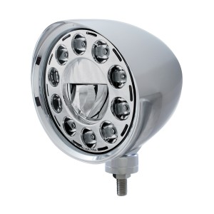 Chrome Aluminum 7" Billet Style "Chopper" Motor Vehicle/Truck Mount Headlight With Smooth Visor - 11 High Power Crystal