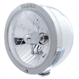 Stainless Steel "Bullet" Half-Moon Peterbilt Crystal H4 Halogen Headlight W/ 4 Amber Led Signal Light - Clear Lens