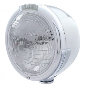 Stainless Steel "Classic" Half-Moon Peterbilt 6014 Sealed Beam Headlight W/ 4 Amber Led Signal Light - Clear Lens