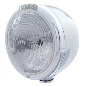 Stainless Steel "Classic" Half-Moon Peterbilt H6024 Halogen Headlight W/ 4 Amber Led Signal Light - Clear Lens
