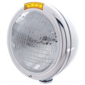 Chrome "Classic" Peterbilt 6014 Sealed Beam Headlight W/ 4 Amber Led Signal Light - Amber Lens