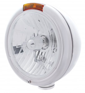 Chrome "Classic" Peterbilt Crystal H4 Halogen Headlight W/ Incandescent Signal Light - Amber Lens