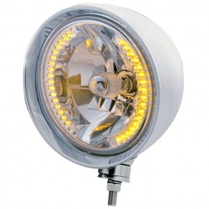 Stainless Steel Motorcycle "Rebel" Headlight W/ 7" Round Headlight Bulb - 34 Amber Led Crystal Halogen