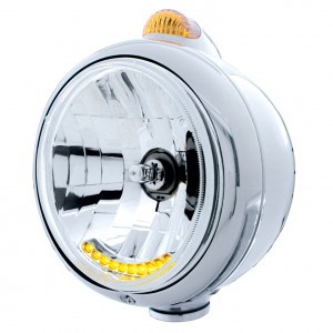 Chrome "Guide" Headlight W/ Amber Dual Function Top Mount Light - 10 Amber Led Crystal Halogen