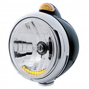 Black "Guide" Headlight W/ Amber Dual Function Top Mount Light - 10 Amber Led Crystal Halogen
