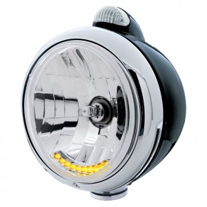 Black "Guide" Headlight W/ Amber/Clear Dual Function Top Mount Light - 10 Amber Led Crystal Halogen