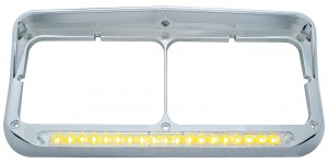 Chrome Plastic Dual Headlight Bezel W/ Visor W/ 19 Amber Led 12" Reflector Light Bar - Clear Lens