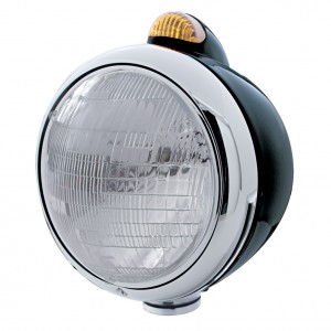 Black "Guide" 6014 Sealed Beam Headlight With 5 Amber Led Dual Function Top Mount Light - Amber Lens