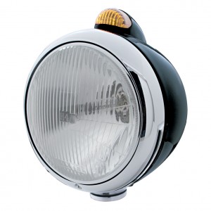 Black "Guide" H4 Halogen Headlight With 5 Amber Led Dual Function Top Mount Light - Amber Lens