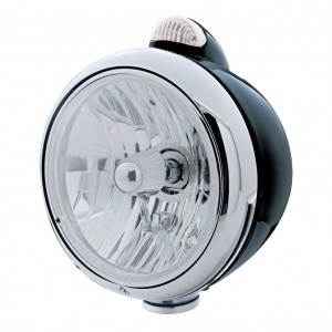 Blk "Guide" Crystal H4 Halogen Headlight With 5 Amber Led Dual Function Top Mount Light - Clear Lens