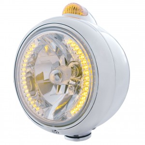 Stainless Steel "Guide" Headlight W/ Amber Dual Function Top Mount Light - 34 Amber Led Crystal Halogen