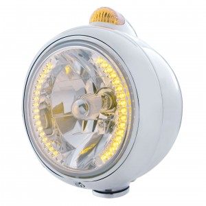 Stainless Steel "Guide" Headlight W/ Amber Top Mount Light - 34 Amber Led Crystal Halogen