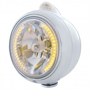 Stainless Steel "Guide" Headlight W/ Amber/Clear Top Mount Light - 34 Amber Led Crystal Halogen