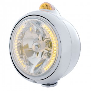 Chrome "Guide" Headlight W/ Amber Dual Function Top Mount Light - 34 Amber Led Crystal Halogen