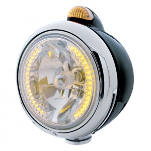 Black "Guide" Headlight W/ Amber Dual Function Top Mount Light - 34 Amber Led Crystal Halogen