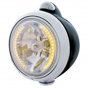 Black "Guide" Headlight W/ Amber/Clear Dual Function Top Mount Light - 34 Amber Led Crystal Halogen