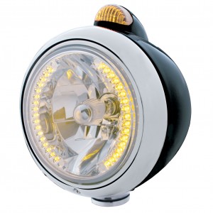 Black "Guide" Headlight W/ Amber Top Mount Light - 34 Amber Led Crystal Halogen
