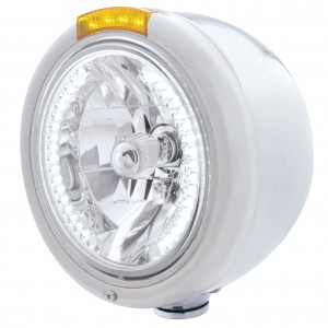 Stainless Steel Peterbilt "Classic" Half-Moon Peterbilt Headlight W/ Amber Dual Function Signal Light - 34 White Led Crystal Halogen