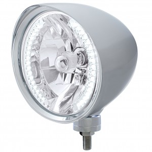 Chrome Aluminum 7" Billet Style "Chopper" Motor Vehicle/Truck Mount Headlight With Smooth Visor - 34 White Auxiliary Led