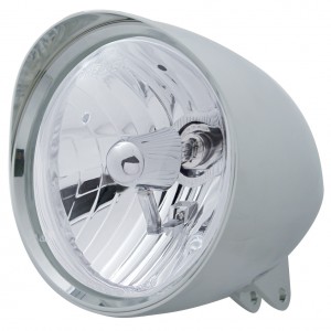Chrome Aluminum 7" Billet Style "Chopper" Motorcycle Mount Headlight With Smooth Visor - Crystal H4 Halogen