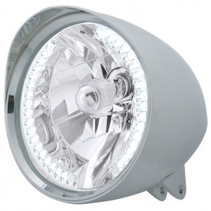 Chrome Aluminum 7" Billet Style "Chopper" Motorcycle Mount Headlight With Smooth Visor - 34 White Auxiliary Led