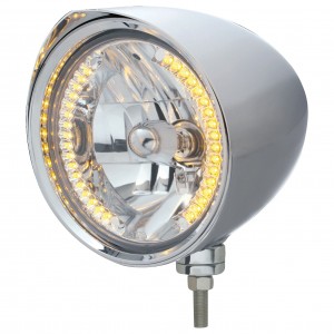 Chrome Aluminum 7" Billet Style "Chopper" Motor Vehicle/Truck Mount Headlight With Razor Visor - 34 Amber Auxiliary Led