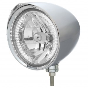 Chrome Aluminum 7" Billet Style "Chopper" Motor Vehicle/Truck Mount Headlight With Razor Visor - 34 White Auxiliary Led