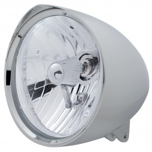 Chrome Aluminum 7" Billet Style "Chopper" Motorcycle Mount Headlight With Razor Visor - Crystal H4 Halogen