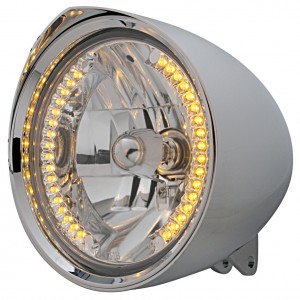 Chrome Aluminum 7" Billet Style "Chopper" Motorcycle Mount Headlight With Razor Visor - 34 Amber Auxiliary Led