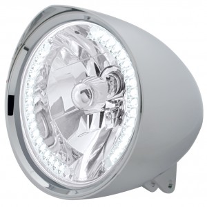 Chrome Aluminum 7" Billet Style "Chopper" Motorcycle Mount Headlight With Razor Visor - 34 White Auxiliary Led