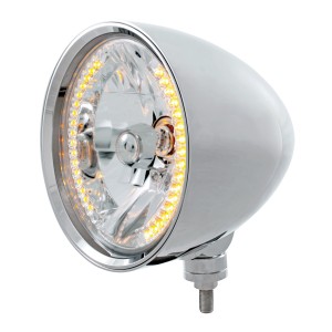 Chrome Aluminum 7" Billet Style "Chopper" Motor Vehicle/Truck Mount Headlight With Smooth Visor - 34 Amber Auxiliary Led