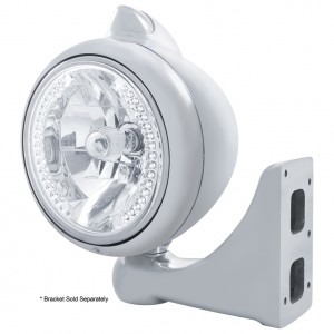 Stainless Steel "Guide" Peterbilt Headlight 34 Wht Led Crystal Halogen W/ 5 Amb Led Vintage 682-C Series 2 Top Mount Light - Clear Lens