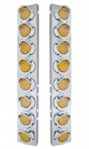 (2/Bulk) Stainless Steel Peterbilt 16 Led Cutout A/C Bracket W/2" 9 Amber Led Flat Light & Chrome Pl. Visor - Amber Lens