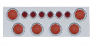 Stainless Steel Rear Center Light Panel W/ Six 12 Led 4" & 9 Led 2" Beehive Light W/ Visor - Red Led/Red Lens