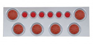 Stainless Steel Rear Center Light Panel W/ Six 12 Led 4" & 9 Led 2" Reflector Light W/ Visor - Red Led/Red Lens