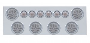 Stainless Steel Rear Center Light Panel W/ Six 12 Led 4" & 9 Led 2" Beehive Light W/ Visor - Red Led/Clear Lens