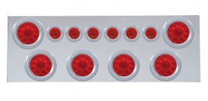 Stainless Steel Rear Center Light Panel W/ Six 10 Led 4" & 9 Led 2" Flat Light W/ Bezel - Red Led/Red Lens