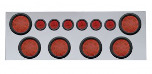 Stainless Steel Rear Center Light Panel W/ Six 12 Led 4" & 9 Led 2" Flat Light W/ Grommet - Red Led/Red Lens